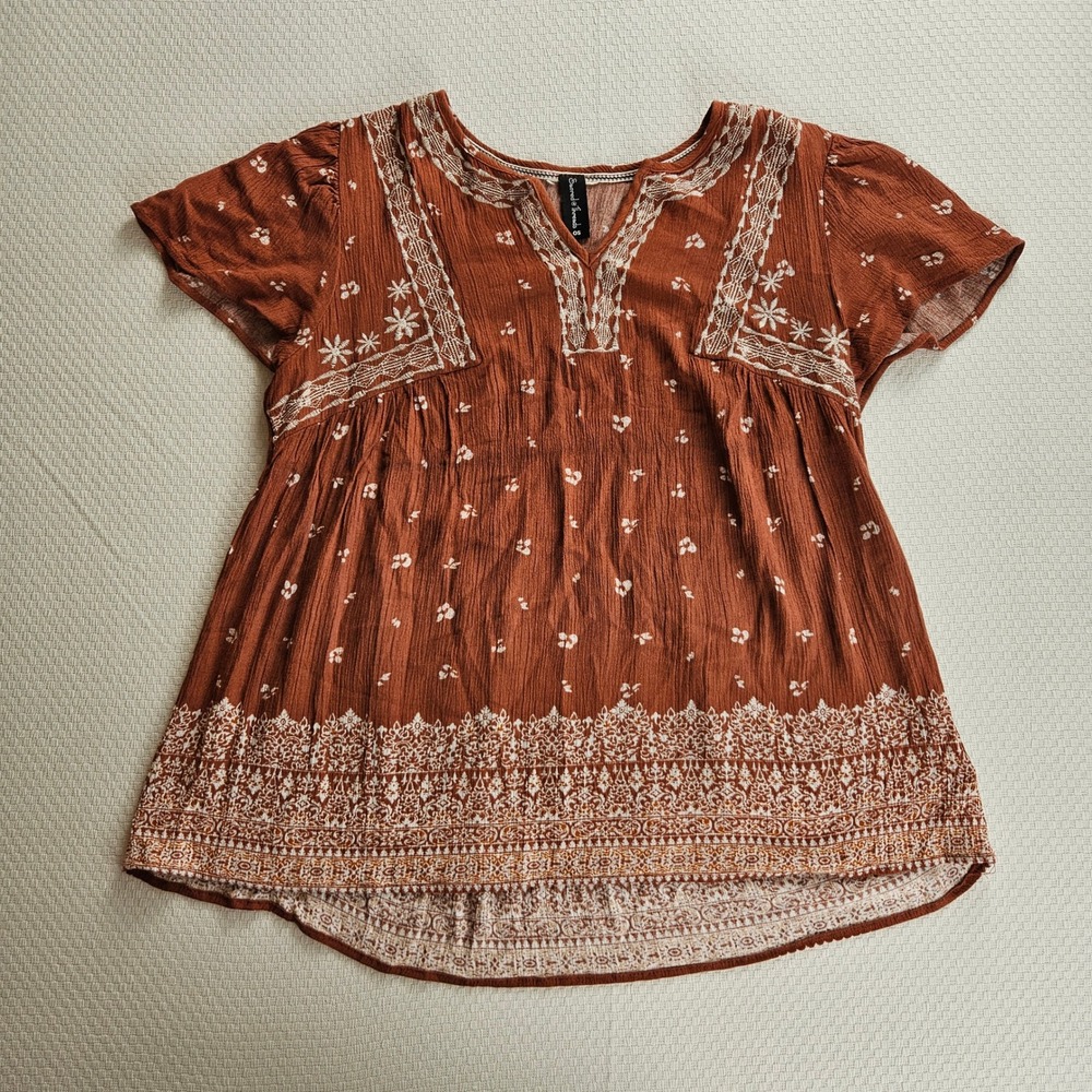 Sacred Threads Rust Brown Embroidered Boho Peasant Top Blouse Short Sleeve S